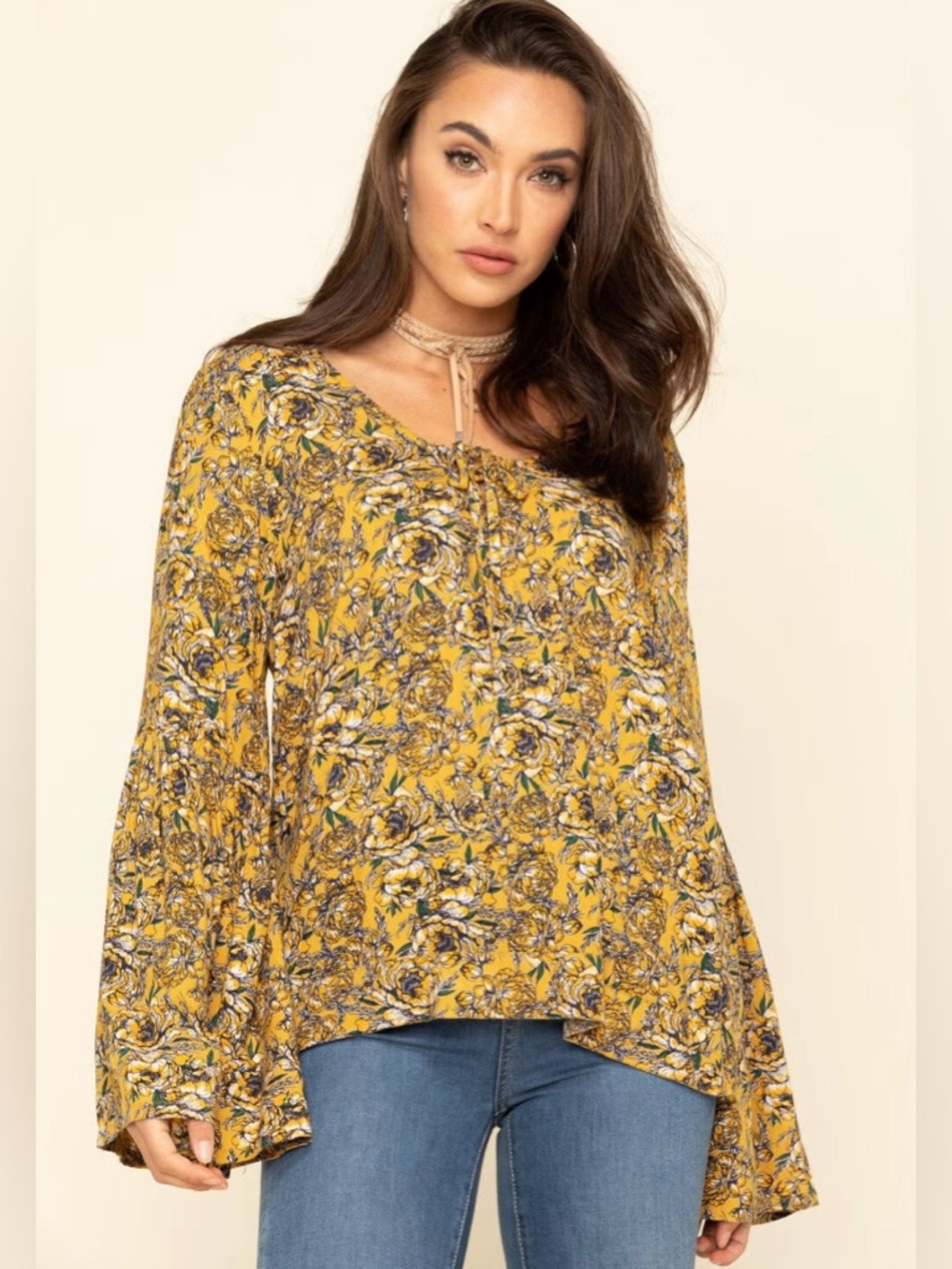 Rock & Roll Cowgirl Floral Bell Sleeve Top Medium Western Boho Festival Blouse